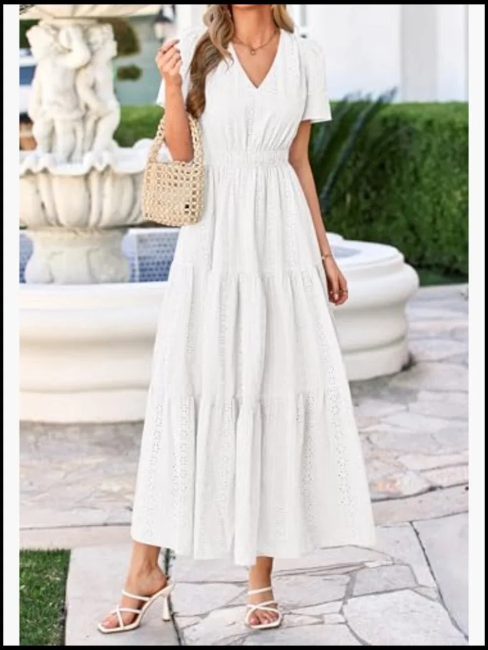 V Neck Hollow Out Eyelet A Line Flowy Maxi Dress - Picture 5 of 7